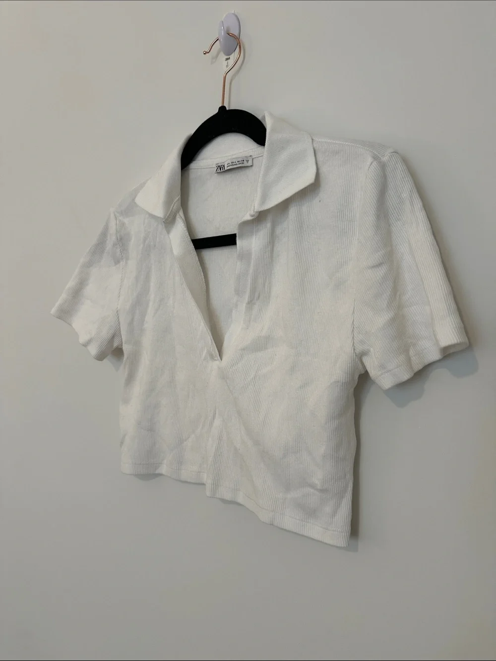 Zara White Ribbed Cropped Polo Tee Top - Picture 2 of 6